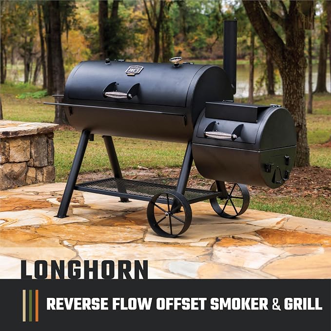 Oklahoma Joe's Longhorn Reverse Flow Offset Charcoal Smoker and Grill with 1060 sq. in. Cooking Area in Black