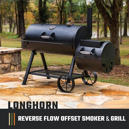 Oklahoma Joe's Longhorn Reverse Flow Offset Charcoal Smoker and Grill with 1060 sq. in. Cooking Area in Black