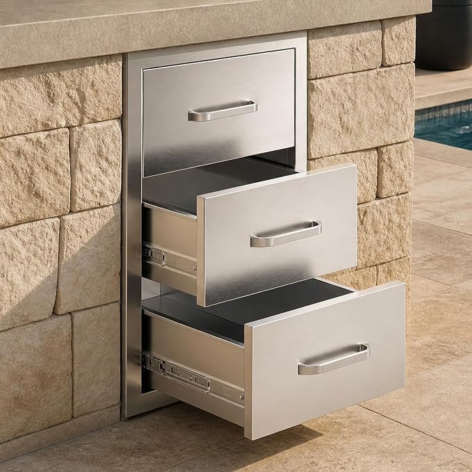 Jocisland 14-Inch Stainless Steel Outdoor Kitchen Drawer Cabinet | 14 W x 22 D x 20 H In, 3-Tier Drawers with Handles and Pull-Out Trays, Built-In BBQ Island Storage