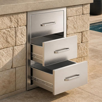 Jocisland 14-Inch Stainless Steel Outdoor Kitchen Drawer Cabinet | 14 W x 22 D x 20 H In, 3-Tier Drawers with Handles and Pull-Out Trays, Built-In BBQ Island Storage