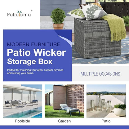 Patiorama 88 Gallon Wicker Deck Box, Indoor/Outdoor Storage Box for Patio Cushions and Gardening Tools - Resin Rattan Patio Cushion Storage Bin, Grey