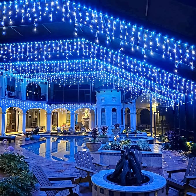 66FT Icicle Lights for Outside 640 LED Blue and White Christmas Lights | Connectable Icicle Christmas Lights Outdoor Waterproof, Plug in 8 Modes with 120 Drops for House Party Wedding Decoration