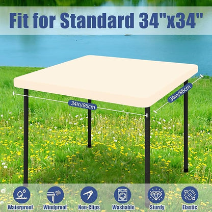 Moosfor 2 Pack Square Spandex Fitted Table Cloth, Elastic Tablecloth | Washable Picnic Table Cover, Stretch Waterproof Table cloths for Party, Patio, Dining, Kitchen, 34" x 34", Champagne