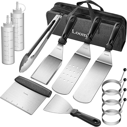 Griddle Accessories for Blackstone,13 Pc Flat Top Grill Accessories with Scraper, Spatulas, Tongs, 2 Bottles, 4 Egg Rings, Griddle Spatulas Set, Stainless Steel BBQ Accessories for Camping