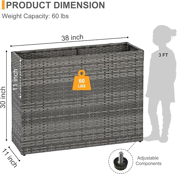 SUNNYPARK Large Rectangular Planter for Outdoor Rattan Block Box 38x11x30'' | All-Weather, Handmade PE Rattan, Removable Liner, Indoor Outdoor, Patio Porch Garden, Modern Design for Plants Flowers