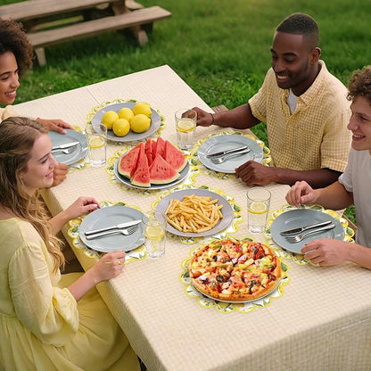 100 Pcs Lemon Paper Placemats Yellow Fruit Place Mats 13.5 Inch Disposable Round Decorative Dining Table Mats with Scalloped Edges Paper Cutouts for Spring Birthday Bridal Wedding Party Supplies