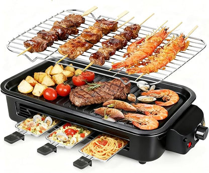 Electric Indoor Grill 1700W - YOHAWJAN 2 in 1 Smokeless Indoor Grill Pan for Kitchen with Grilling Net & Non-Stick Removable Griddle Plate, Temperature Control Korean BBQ Grill with 3 Cheese Pan