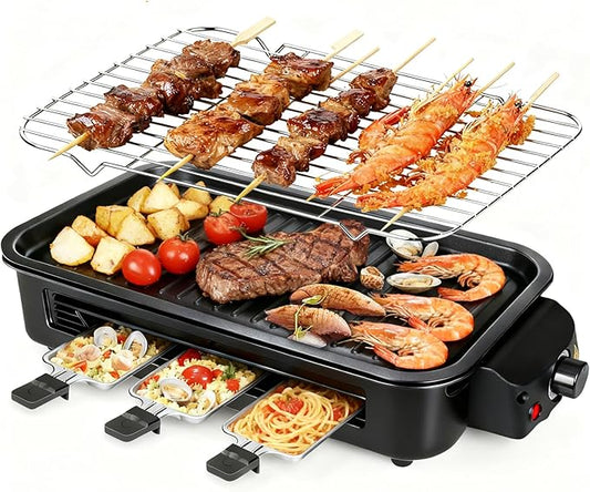 Electric Indoor Grill 1700W - YOHAWJAN 2 in 1 Smokeless Indoor Grill Pan for Kitchen with Grilling Net & Non-Stick Removable Griddle Plate, Temperature Control Korean BBQ Grill with 3 Cheese Pan