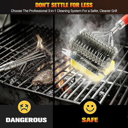 Professional 3-in-1 Grill Brush and Scraper with Safety Second Sweep Sponges - 18" Detachable Long Handle BBQ Cleaner for Heavy Duty Grime - Ideal Father's Day Grilling Gift for Men (Orange)