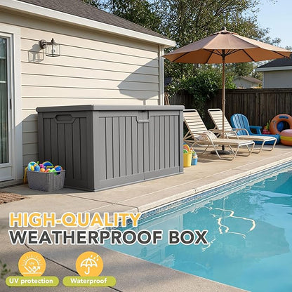 240 Gallon HDPE Deck Box Outdoor Indoor Waterproof Storage Box for Patio Furniture, Pool Accessories, Garden Tools, and Cushion Storage, Gray
