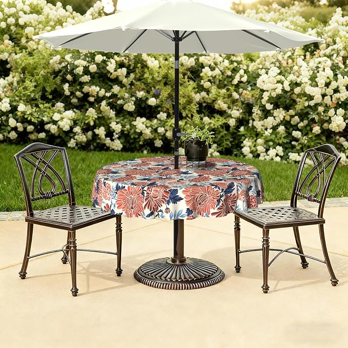 LVTXIII Round Outdoor Tablecloth with Umbrella Hole and Zipper, Water-Repellent 60 Inch Patio Table Cover for Bistro, Garden, Patio & Picnic, Vibrant Blossom