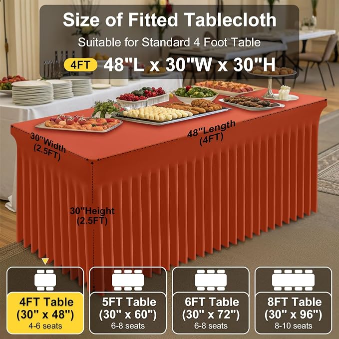 Smiry Spandex Elastic Fitted Table Cloth Skirt for 4FT Rectangle Table | Stretch Washable Table Cloth, Banquet Table Cover for Wedding, Party, Indoor & Trade Shows, (Rust, 48Lx30Wx30H)
