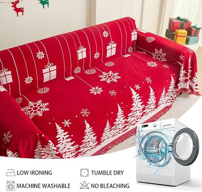 MEETSKY Christmas Couch Cover for Sectional Sofa, Chenille Loveseat Red Sofa Covers Washable for Pet Friendly Cedar Decorative Couch Covers, 71" x 102"