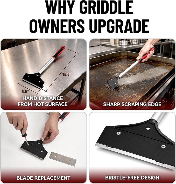 Heavy Duty Griddle Scraper for Flat Top Grills – 15.5” Long Handle Cleaning Tool w/ 5.5” Replaceable Flat Stainless Steel Blade - Removes Burnt-On Food & Grease - by FryOilSaver Co. - 90018