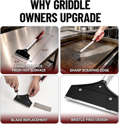 Heavy Duty Griddle Scraper for Flat Top Grills – 15.5” Long Handle Cleaning Tool w/ 5.5” Replaceable Flat Stainless Steel Blade - Removes Burnt-On Food & Grease - by FryOilSaver Co. - 90018