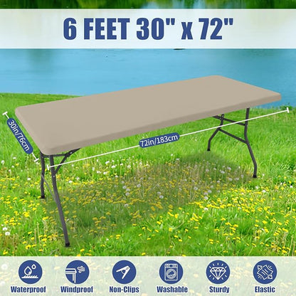 Moosfor Spandex 6 Foot Rectangle Table Cloth, Elastic Fitted Tablecloths for Picnic, Stretch Washable Patio Table Cover for Outdoor, Camping, Banquet and Parties (Taupe, 30"x72")