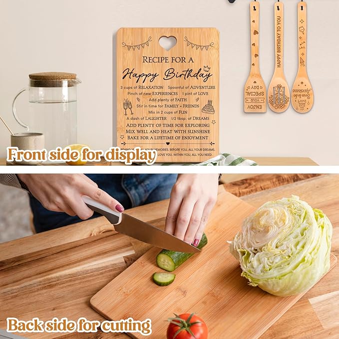 Birthday Gifts for Women - "Recipe for a Special Happy Birthday" Birthday Gifts for Men Cutting Board Set, Bamboo-Made Engraved Utensil Set Gifts for Women Birthday.