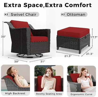 4 Pieces Patio Conversation Furniture Set - 2 Swivel Chairs, 2 Ottomans, Outdoor Wicker Furniture with Removable Cushions for Porch, Balcony, Sunroom (Red)