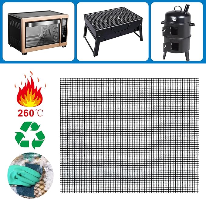 GWHOLE Non-Stick BBQ Grill Mesh Mat Set of 4, Reusable BBQ Grill Accessories Grilling Mesh Sheet for Outdoor Grill Cooking Baking Barbecue, 15.7" x13"