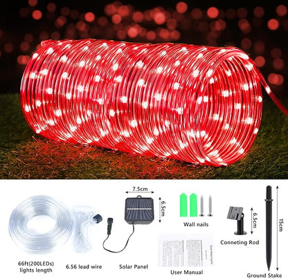 Jnaurb Solar Rope Lights, 66ft 200LED Solar String Lights, 8 Modes Waterproof Solar Outdoor Light, Flexible Clear Trampoline Light for Garden Backyard Patio Deck Porch Pool Tree Decor - Red