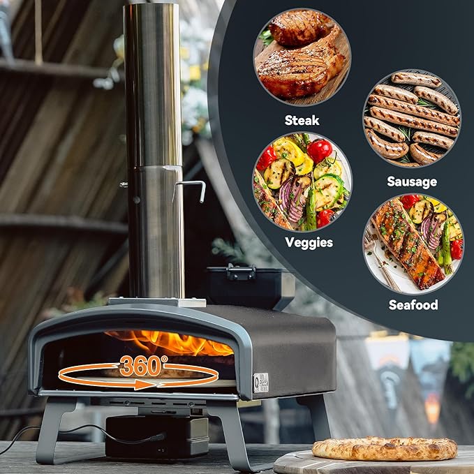 Wood Pellet Pizza Oven with Rotatable Stone, Portable Pellet Pizza Oven with Chimney and Door, Outdoor Pizza Stove for Backyard, Camping, Picnicking, RV, Tailgating, PS106