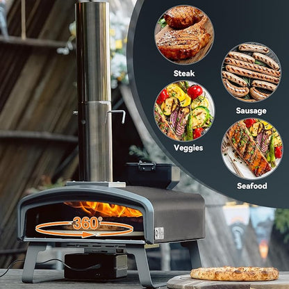Wood Pellet Pizza Oven with Rotatable Stone, Portable Pellet Pizza Oven with Chimney and Door, Outdoor Pizza Stove for Backyard, Camping, Picnicking, RV, Tailgating, PS106
