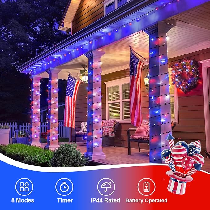 QITONG 4 Pack Red White Blue String Lights Battery Operated, Each 16ft 50 LED 4th of July Christmas Lights Outdoor, 8 Modes Green Wire Patriotic Lights Indoor for Independence Memorial Day Decor