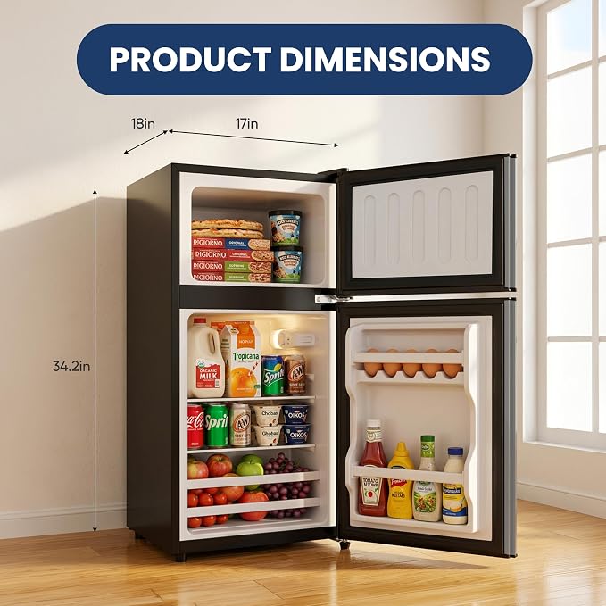 3.2 Cu.Ft Mini Fridge with Freezer, 2 Door Small Refrigerator with Adjustable Thermostat Energy-efficient Low Noise, Compact Fridge for Bedroom, Office, Dorm, Black