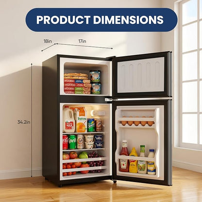 3.2 Cu.Ft Mini Fridge with Freezer, 2 Door Small Refrigerator with Adjustable Thermostat Energy-efficient Low Noise, Compact Fridge for Bedroom, Office, Dorm, Black