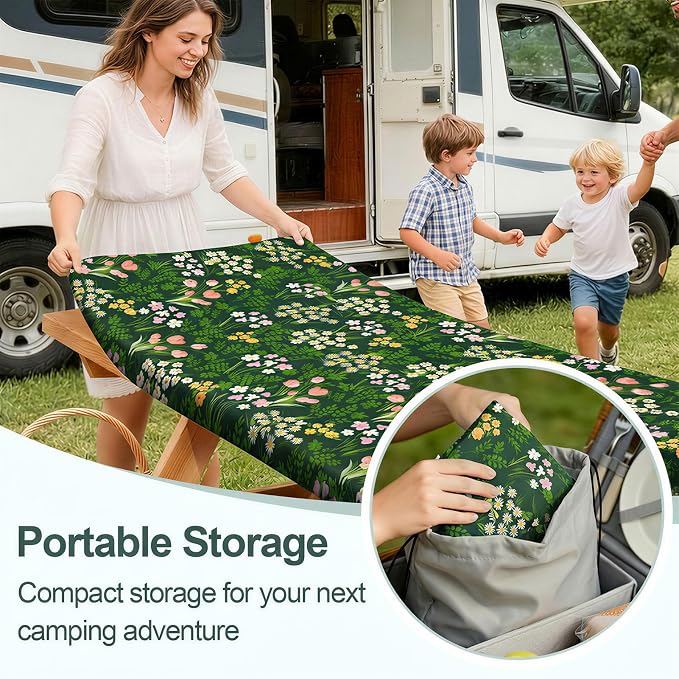 Picnic Table Cover Bench Covers Camping Essentials Tablecloth | Waterproof Vinyl for Outdoor, Windproof Elastic Fitted Edges, RV BBQ Accessories Must Haves, Storage Bag Included
