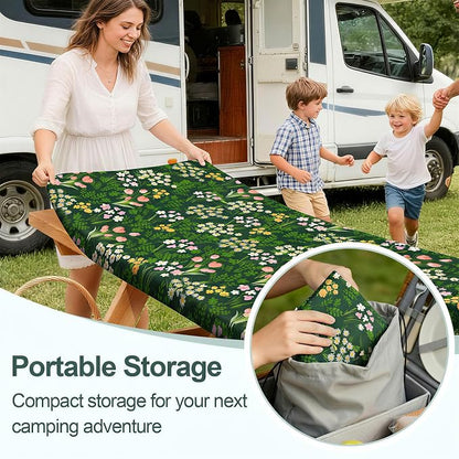 Picnic Table Cover Bench Covers Camping Essentials Tablecloth | Waterproof Vinyl for Outdoor, Windproof Elastic Fitted Edges, RV BBQ Accessories Must Haves, Storage Bag Included