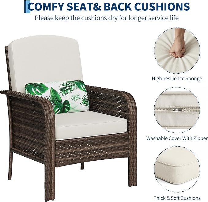 GarveeHome Outdoor Wicker Chairs Set of 2, All-Weather High Back Rattan Patio Furniture, 2-Piece Conversation Set with Comfy Cushions for Porch, Deck, Brown, Beige Cushion