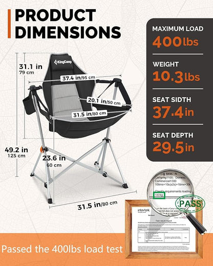 KingCamp Hammock Camping Chair, Swinging Portable Camp Chairs for Adults, 400lbs Heavy Duty Oversized Folding Rocking Chair with Adjustable Recline, Aluminum Alloy Frame for Outdoor Patio Beach Sport