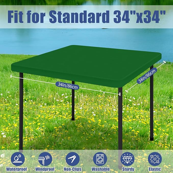 Moosfor Spandex Square Table Cloth, Elastic Fitted Tablecloths for Picnic, Stretch Washable Patio Table Cover for Outdoor, Camping, Banquet and Parties (Emerald Green, 34"x34")