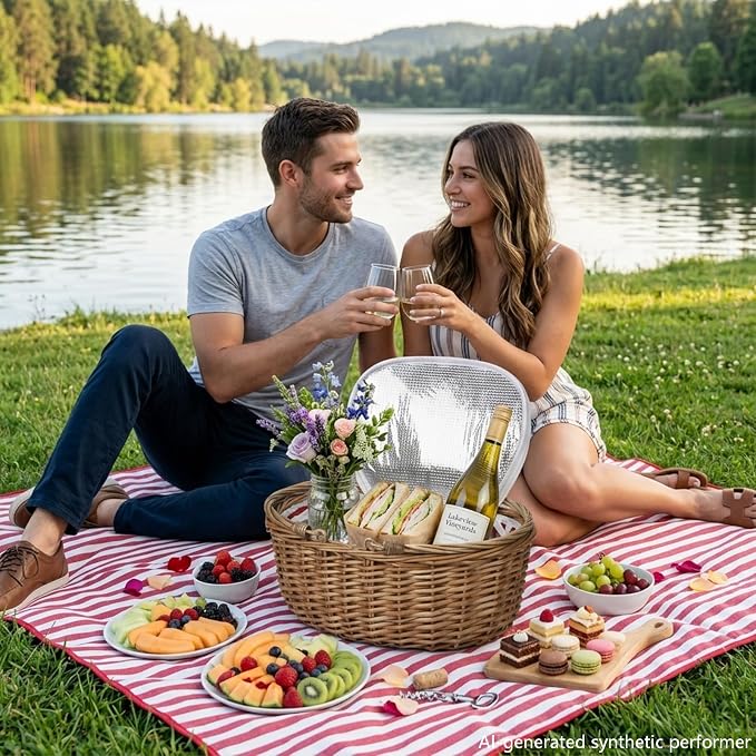 Wicker Picnic Basket 15"x11"x7" Insulated Liner Red White Stars | Insulated Zip Liner Helps Keep Drinks and Snacks Cool, Sturdy Woven Basket Suits Parks, Camping, Holidays and Gift Giving