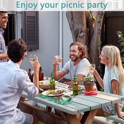 Flowers Picnic Table Cover with Bench Covers and Bag, Camping Essentials, Green Camper Wooden Grain Waterproof, Fitted Tablecloth Cover with Elastic Edge, Outdoor Table Covers, 3 PCS, 30x60 Inch