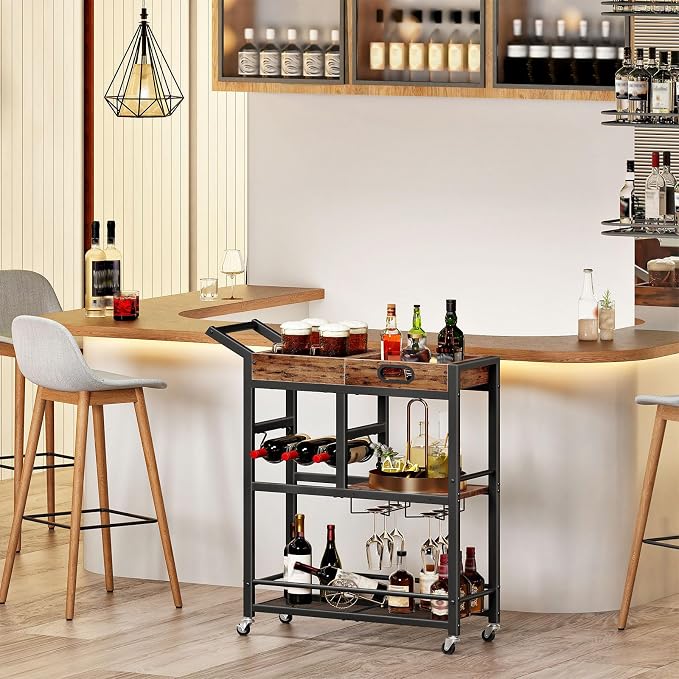 HOOBRO Bar Cart, Bar Cart for The Home, 3-Tier Home Bar Serving Cart with Removable Tray, Kitchen Cart with Wine Rack and Glass Holder, for Bar, Living Room, Party, Rustic Brown and Black BF62TC01