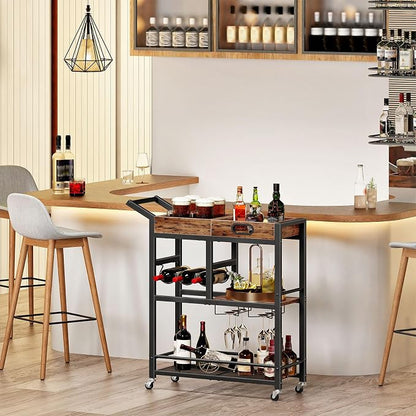 HOOBRO Bar Cart, Bar Cart for The Home, 3-Tier Home Bar Serving Cart with Removable Tray, Kitchen Cart with Wine Rack and Glass Holder, for Bar, Living Room, Party, Rustic Brown and Black BF62TC01