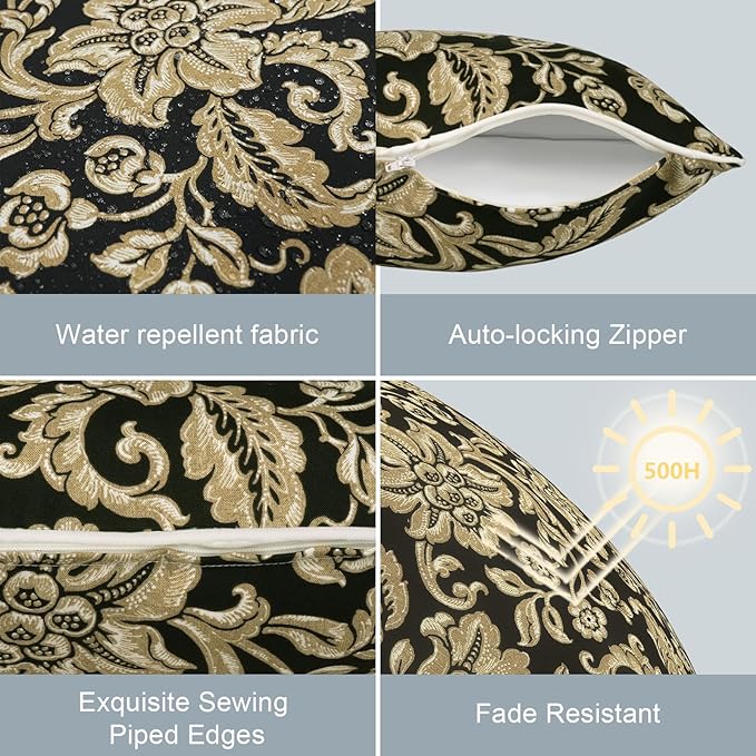 LVTXIII Outdoor Pillow Covers 20x20 inch Patio Waterproof Throw Pillow Cases Fade Resistant Accent Pillow Covers for Spring Summer Garden Decoration, Set of 2, Jacobean Black