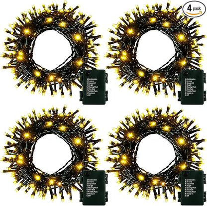4 Pack- Battery Operated Outdoor Tree String Lights with 50 Warm White LEDs on 16.5ft/5m of Dark Green Cable,Outdoor Battery Xmas Wreath Lights with Timer for Christmas Yard Holiday Decoration