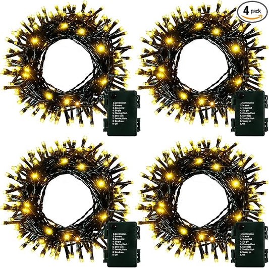 4 Pack- Battery Operated Outdoor Tree String Lights with 50 Warm White LEDs on 16.5ft/5m of Dark Green Cable,Outdoor Battery Xmas Wreath Lights with Timer for Christmas Yard Holiday Decoration