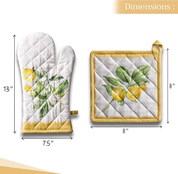 Maison d' Hermine 100% Cotton Oven Mitt & Pot Holder Set (7.5"x13" & 8"x8") | Heat Resistant BBQ Cooking Gloves with Loop Baking Grilling Kitchen Hotel Home Farmhouse Spring Summer - Limoncello