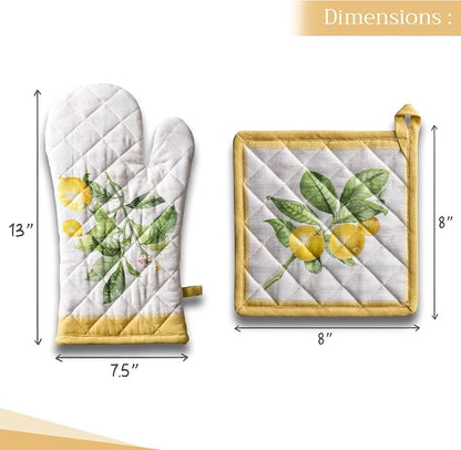 Maison d' Hermine 100% Cotton Oven Mitt & Pot Holder Set (7.5"x13" & 8"x8") | Heat Resistant BBQ Cooking Gloves with Loop Baking Grilling Kitchen Hotel Home Farmhouse Spring Summer - Limoncello