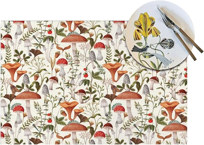 Boho Mushroom Placemats Set of 4, Botanic Plant Beige Table Mats | Heat Resistant Washable Placemat for Kitchen Dining Table Decor Cute Placemats Linen 12x18 Inch