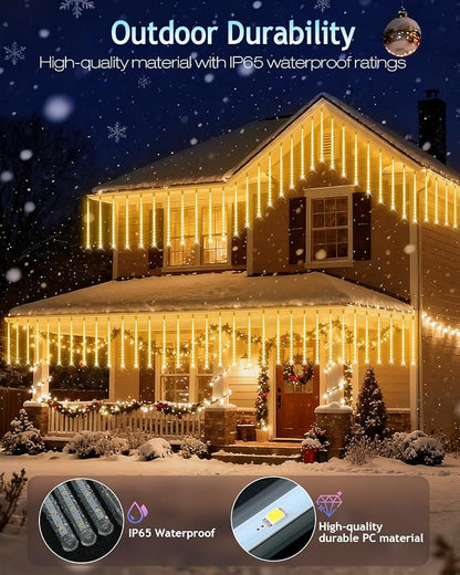 PEMOTech Christmas Lights Outdoor,24 Tubes 30cm 576 Led Meteor Shower Lights, Waterproof Christmas Decorations Icicle Light for Xmas Tree Halloween Party, Ul Plug,Warm White