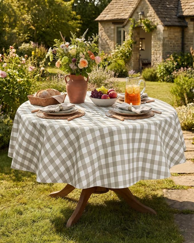 Seenus Khaki Gingham Cottage Vinyl Round Tablecloth with Flannel Backing, Waterproof & Wipeable Checkered Table Cloth for Farmhouse Kitchen Patio Garden, 60 Inch Circular (Fits 30-48" Tables)