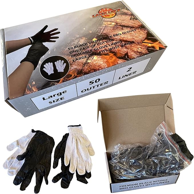 LavaLock Disposable Nitrile BBQ Gloves with Cotton Liners for Outdoor Cooking Grilling Smokers and Barbecue Competition, Chef or Kitchen use (Large 50 Count Black)