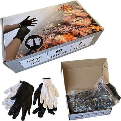 LavaLock Disposable Nitrile BBQ Gloves with Cotton Liners for Outdoor Cooking Grilling Smokers and Barbecue Competition, Chef or Kitchen use (Large 50 Count Black)