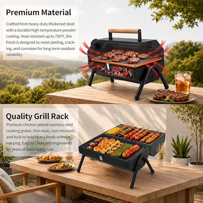 Tabletop Charcoal Grill, Portable Foldable Tabletop BBQ Grill with Dual Sided Griddle & Grill, Compact Folded Design, Thickened Body for Camping, Picnic & Outdoor Cooking