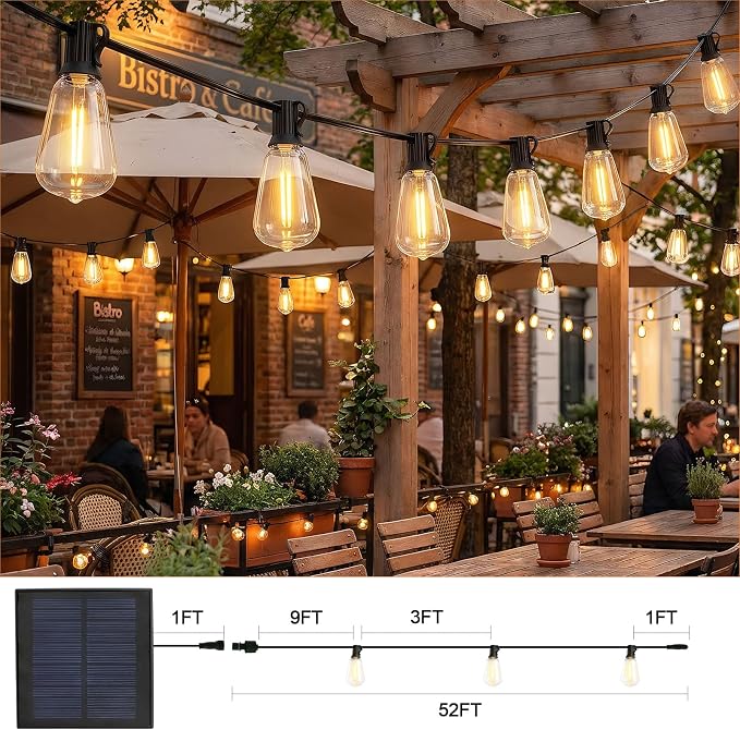 52FT Solar String Lights Outdoor Waterproof Patio Lights with Remote and 15+1 LED Shatterproof Bulbs, 3 Light Modes Dimmable & Timer Solar Lights for Backyard Porch Garden Wedding Decor